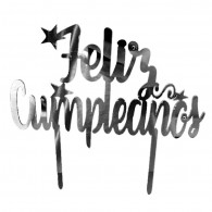 DECORACION TORTA ACRILICO FELIZ CUMPLEAÑOS ESTRELLA PLATEADA