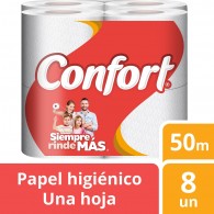 PAPEL HIGIÉNICO UNA HOJA 50 MTS. 8 ROLLOS CONFORT