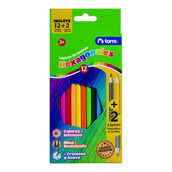 LAPICES DE COLORES 12 COLORES HEXAGONALES+GRAFITO+2 METALICOS