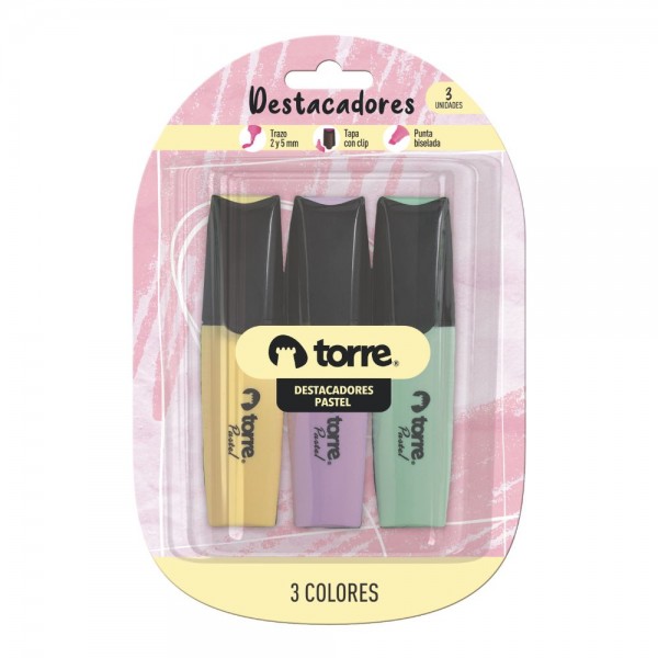 DESTACADOR ESCRITORIO 3 COLORES PASTEL PUNTA BISELADA